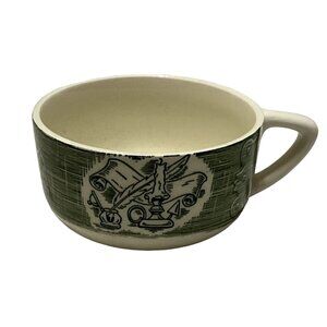 VTG OLD CURIOUSITY SHOP COFFEE TEA CUP GREEN TRANSFERWARE FEATHER PEN PATTRN USA